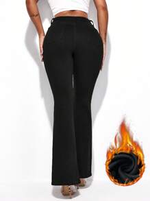 SHEIN Essnce Solid Color Skinny Fleece Casual All-Match Thanksgiving Outfit Christmas Outfit Women Flare Leg Jeans