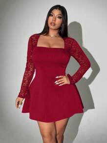 Viva Relle 大码纯色蕾丝拼接圆领休闲短款连衣裙新年衣服 - 紅色 - 查看 3