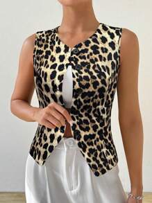 Chiquease Women Front Button Sleeveless Minimalist Casual Leopard Cheetah Print Lightweight Blazer - Multicolor - View 3