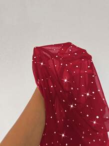 SHEIN Clasi 2 chiếc lưới thời trang đính đá trang trí cho nữ kết hợp thường ngày, thích hợp để đi chơi vào mùa thu/đông - Màu Đỏ Sâu - Xem 7