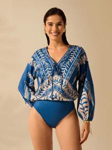 CAJUNI 女式波西米亚风鹦鹉椰子树印花系带深 V 领灯笼袖蓝色度假休闲夏日海滩