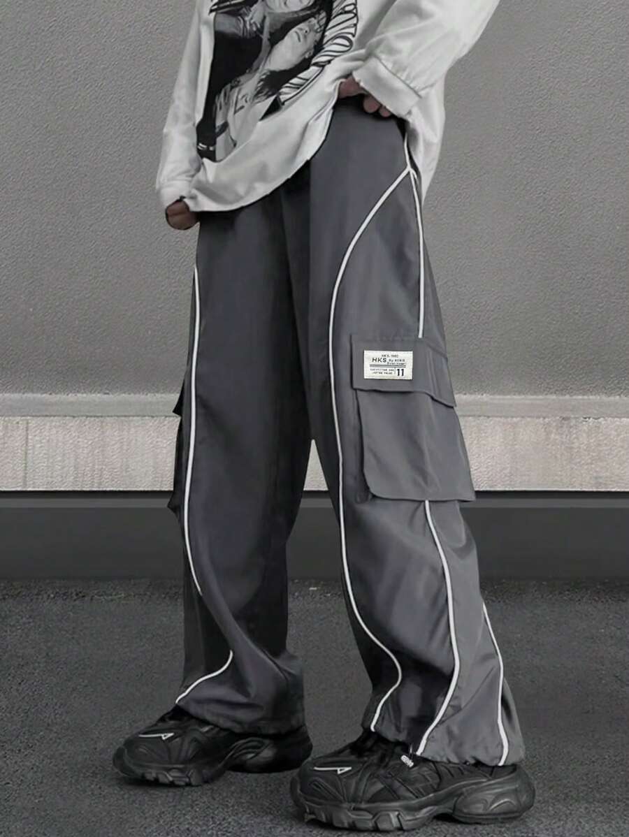 Manfinity Hypemode Men's Loose Fit Wide Leg Casual Splice Reflective Cargo Pants - Dark Grey - View 1
