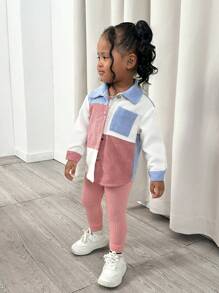 SHEIN 女婴灯芯绒拼接领外套套装，松紧腰裤，粉色、蓝色、白色撞色设计，休闲校服及户外活动套装，秋冬季 - 彩色 - 查看 6