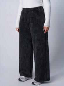 SHEIN EZwear 大码黑色水洗宽松字母运动裤 - 黑色 - 查看 4