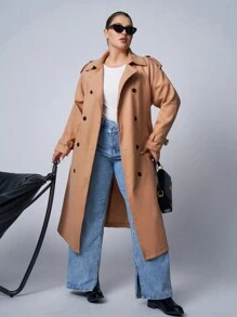 SHEIN EZwear 秋冬季大码棕色休闲风衣 - 棕色 - 查看 3