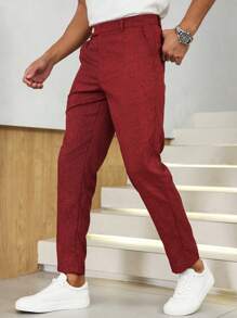 Manfinity Homme Men's Red Linen Texture Suit Pants, Suitable For Christmas Parties And Everyday Wear - Burgundy - View 6