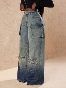 Slaydiva Women's Fashionable Ombre Wash Wide Leg Cargo Jeans