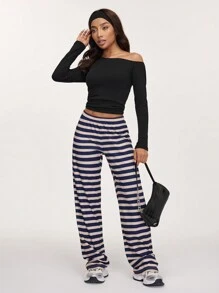 SHEIN BASICS 休闲条纹直筒宽松低腰女裤 - 彩色 - 查看 5