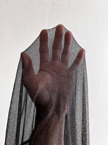 Viva Relle Women Plus Size Solid Color Fluffy Patchwork See-Through Sexy Long Sleeve Top - Black - View 9