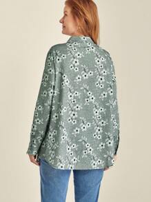 EMERY ROSE Camisa casual de manga larga con capucha, botones delanteros y bolsillos, con estampado floral en talla grande - Gris - Ver 2