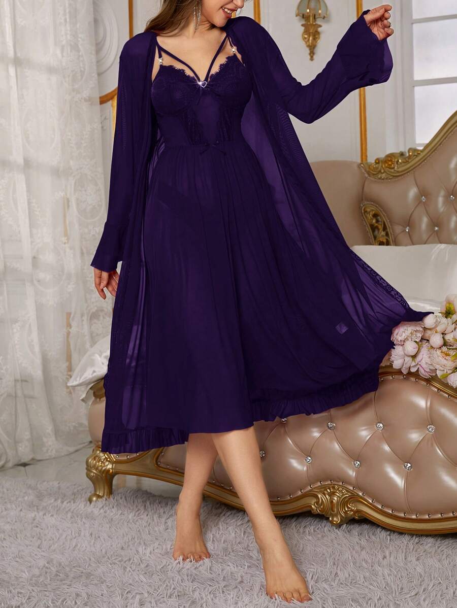 Snug Zone طقم ملابس نوم للنساء 2 قطعة، كامي شفاف متباين اللون مع إطار من الدانتيل وثوب رداء - الأرجواني - مشاهدة 1