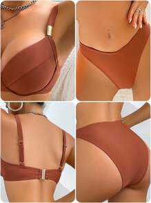 Swim DD+ Wide Strap Reinforced Metal Clasp Bikini Set Summer - Brown - View 7