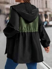 EMERY ROSE Plus Size Women Casual Colorblock Patchwork Drawstring Waist Hooded Winter  Jacket - Green - View 4
