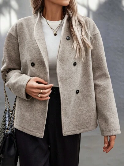 EMERY ROSE Plus Size Solid Color Vintage Double-Breasted V-Neck Long Coat, Women Warm Outerwear For Commuting, Autumn/Winter Fall Cloth For Women