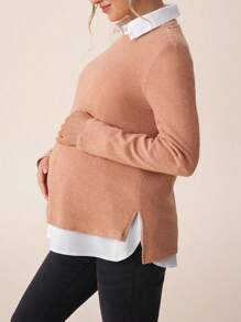 SHEIN Umstandsmode 2 Stücke Set aus einfachem langärmeligem Top mit Knopfverschluss und Jogginghose, Freizeitoutfit