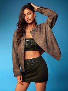 Opulessa Casual Solid PU Leather Collar Dropped Shoulder Long Sleeve Loose Women Regular Jacket
