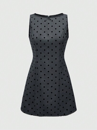 Vintage Style Women Grey Polka Dot Tight Fitting Sleeveless Short Dress