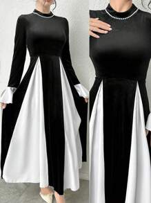 Modelyn Women's Elegant Two-Tone Flared Sleeve Flared Hem Dress - Black and White - View 2