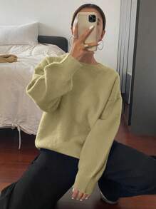 DAZY 1pc Women Loose Fit Solid Color Crew Neck Long Sleeve Sweater,Fall Women Clothes - Yellow - View 4