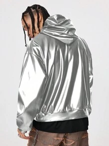 Manfinity RebelGame 男士宽松长袖连帽衫，巴西风格，秋冬款 - 銀色 - 查看 4