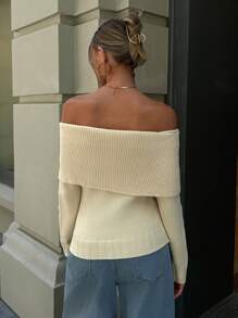 Aloruh 1 件女式纯色露肩长袖休闲针织毛衣，秋冬 - 黃色 - 查看 2