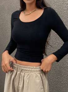 DAZY 女士圆领修身纯色长袖T恤，秋季服装 - 黑色 - 查看 6