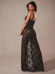 SHEIN Unity Vestido de fiesta maxi con volantes, abertura lateral y encaje - Negro - Ver 4