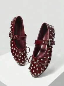 MOTF PREMIUM 女士新款欧美时尚水钻蝴蝶结装饰搭扣平底圆头鞋，百搭舒适轻便，简约仙气，优雅玛丽珍鞋 - 酒紅色 - 查看 4