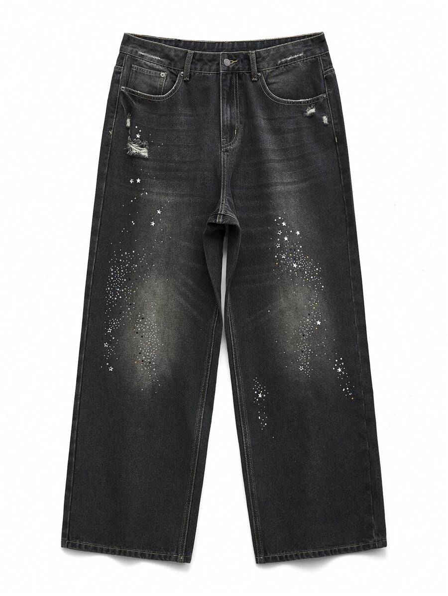 NEON BLANC 男士宽松水钻装饰长牛仔裤，宽牛仔裤，长款加大码深灰色洗水牛仔裤，适合送给老公、男朋友的礼物 - 黑色 - 查看 1