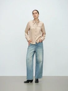 SHEIN LUNE Camisa de mujer elegante y de moda para uso diario, de manga larga, cuello alto, abierta por delante, de textura y unicolor - Champán - Ver 4