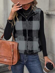 SHEIN LUNE Chaleco/chaqueta casual de color block a cuadros y esponjoso, para otoño/invierno