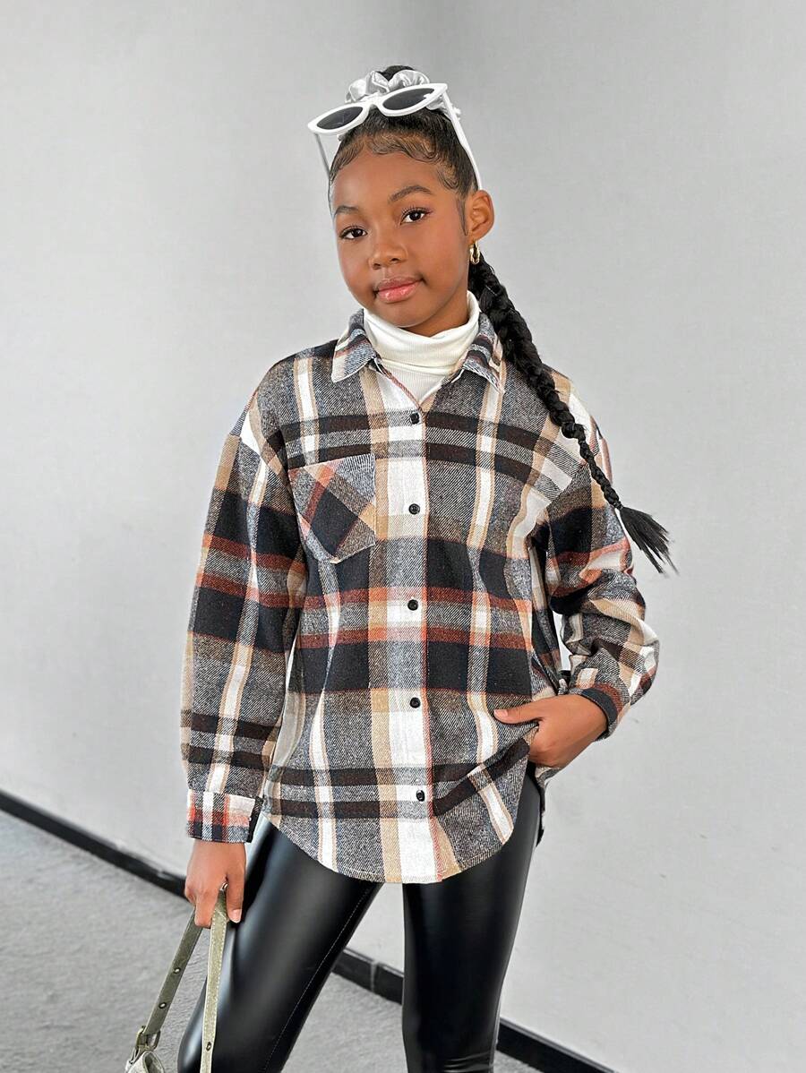 SHEIN 青少年女孩休闲编织格子长袖纽扣衬衫夹克 - 藏蓝色 - 查看 1