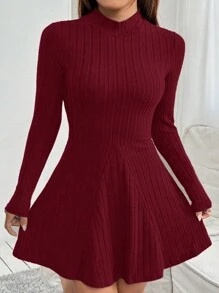 SHEIN VCAY 大码女式休闲纯色罗纹立领喇叭下摆连衣裙，春秋季 - 酒紅色 - 查看 5