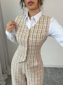 Modelyn Women Plaid Print Vest & Pants 2pcs Suit Outfit, Elegant For Commuting, Autumn 2 Pieces Set