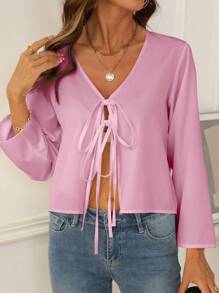 INAWLY Plus Size V-Neck Front Tie Casual Long Sleeve Shirt - Pink - View 6