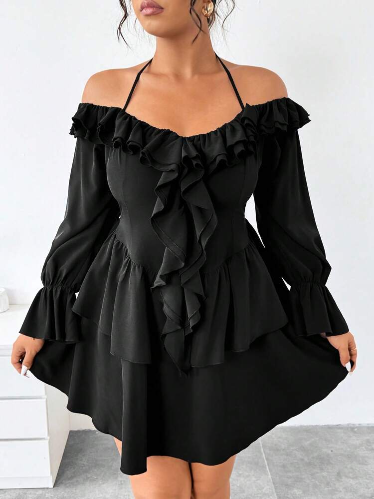 SHEIN Unity 大码女式浪漫荷叶边 V 领高腰双层喇叭裙 - 黑色 - 查看 3