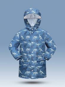 大童绿色恐龙印花长袖连帽斗篷雨衣，适合户外使用 - 綠色 - 查看 1