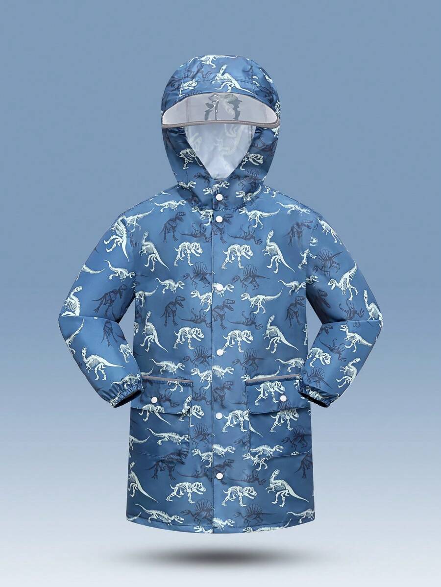 大童绿色恐龙印花长袖连帽斗篷雨衣，适合户外使用 - 綠色 - 查看 1