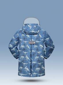 大童绿色恐龙印花长袖连帽斗篷雨衣，适合户外使用 - 綠色 - 查看 2