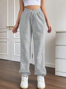 Flirla Solid Drawstring Waist Slant Pocket Sweatpants Fall Cloth For Women - Grey - View 7