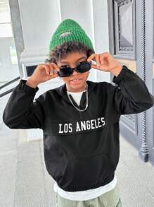 SHEIN Tween Boy Letter Graphic Half Zip Hooded Jacket,In Fall/Winter - Black - View 2