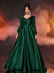 Glamrae Burgundy Red Elegant Burgundy Red Sheer Long Sleeve Beaded Sequin Patchwork Satin Dress With Detachable Belt, Suitable For Wedding, Party, Vacation, Graduation, Prom, Mother Of The Bride Christmas Dress Women>Elegantgreen Christmas Dress Women - Dark Green - View 6