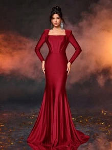 Glamrae Váy dạ hội cổ vuông tối giản thanh lịch, vai đệm dài tay, eo bó, viền đuôi cá, váy dự tiệc cưới, váy dự tiệc, váy trang trọng - Đỏ - Xem 6