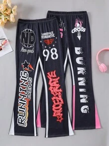 2pcs Teenage Girls Letter & Flame Print Flare Leggings, Combo Set - Black - View 4