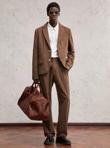 AKNOTIC Formal 2pcs Men Woven Short Collar Long Sleeve Casual Suit Set, Suitable For Daily Office Wear - Khaki - View 6