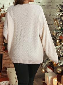 SHEIN LUNE 大码女式简约纯色复古圆领半开襟毛衣，饰有贝壳纽扣，修身长袖，优雅奢华，适合万圣节、新年、情人节、感恩节、圣诞节、复活节、舞会、除夕夜、圣诞派对、圣诞装饰等场合，秋冬季针织套头衫。 - 米色 - 查看 2