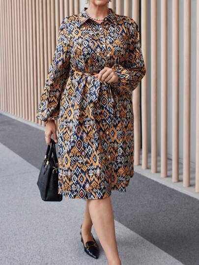 EMERY ROSE 大码女士冬装冬季连衣裙度假装女士圣诞服装女士几何印花灯笼袖休闲衬衫裙