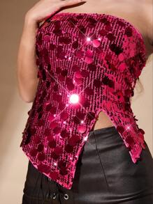 SHEIN BAE Women Sequin Decor Cropped Backless Cami Top - Hot Pink - View 7