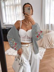 Chiquease Women Floral Embroidery Dropped Shoulder Long Sleeve Loose Casual Cardigan, Autumn/Winter Fall Cloth For Women - Grey - View 6