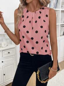 SHEIN Clasi Women Casual Polka Dot Printed Fold Pleated Sleeveless Shirt, Summer